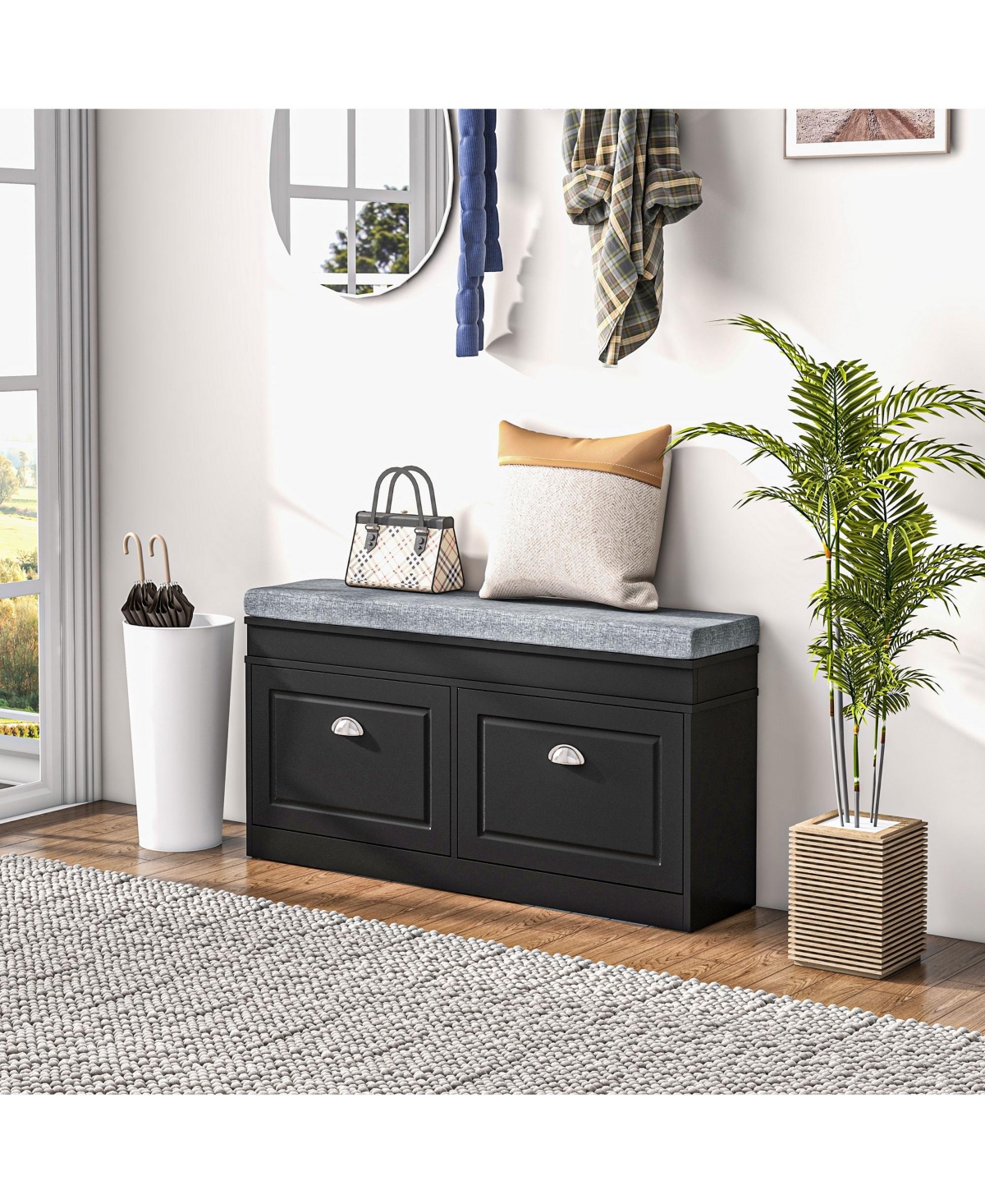 Homcom Shoe Rack Bench for Entryway with Cushion, 2 Drawers