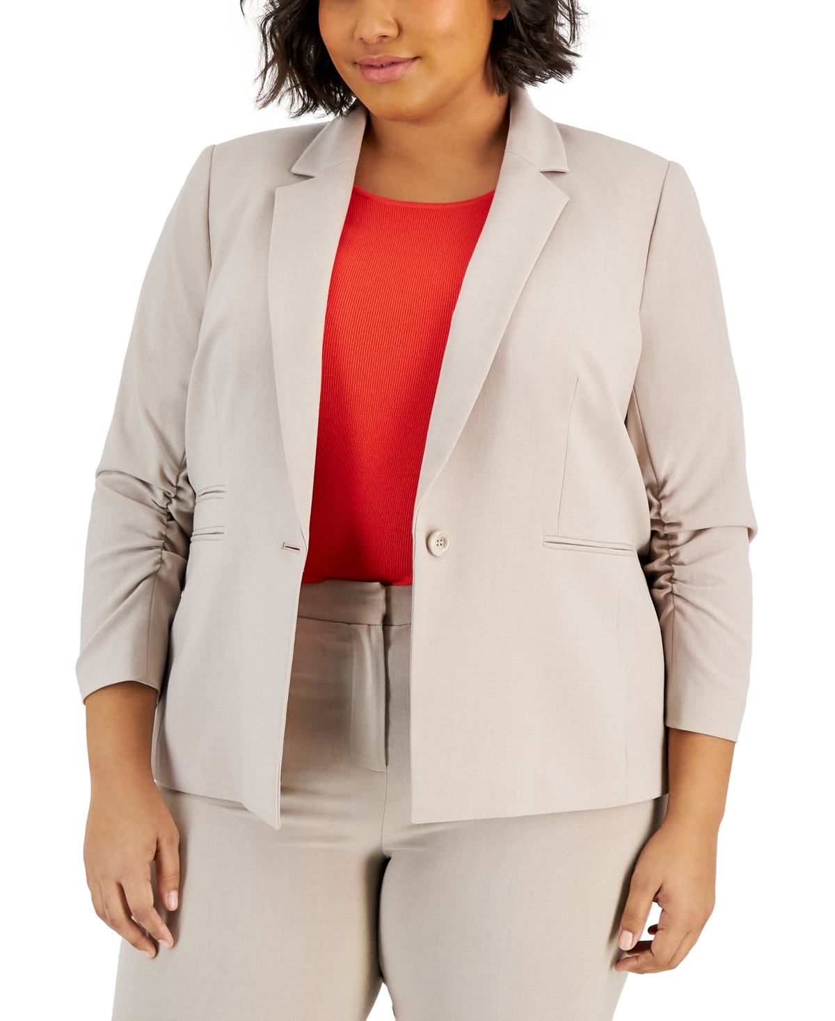 Plus Size Notched Collar Ruched-Sleeve Blazer - Sand