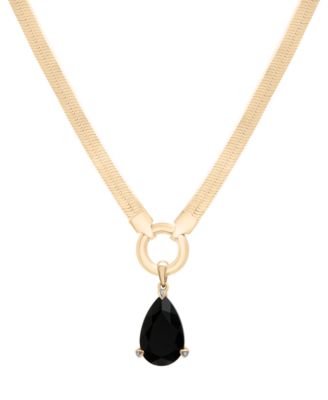 Macy's - Onyx & Diamond Accent Pear-Shaped Herringbone 18" Pendant Necklace in 14k Gold-Plated Sterling Silver
