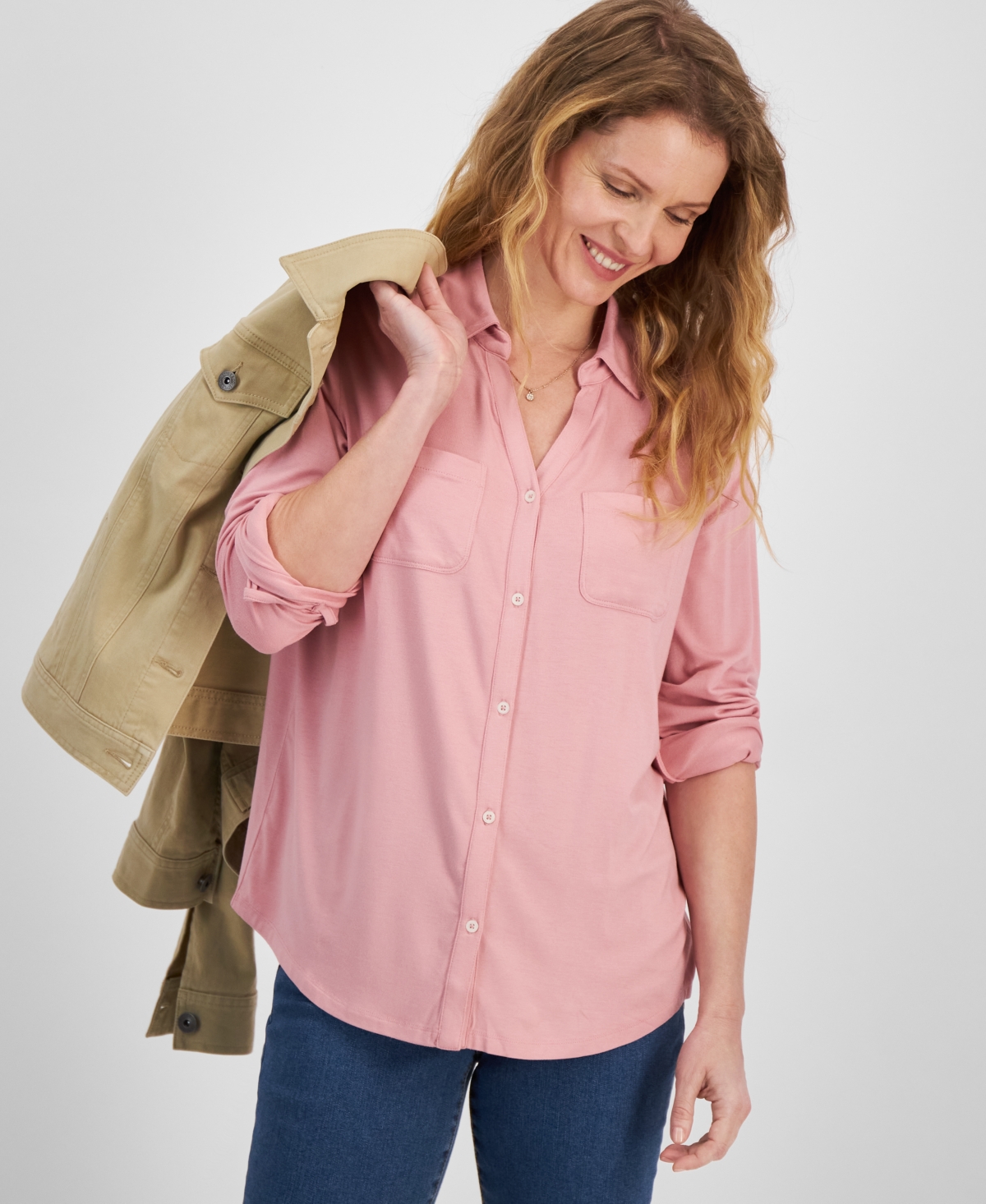 Style & Co Women's Button-down Knit Shirt, Created For Macy's In Fresh Carnation