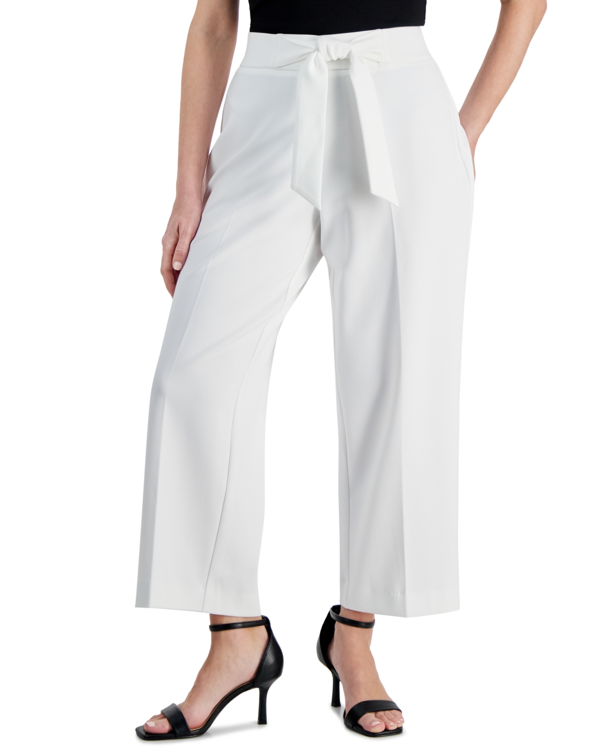 Shop Ak Anne Klein Petite Mid Rise Tie Waist Wide Leg Pants In Bright White