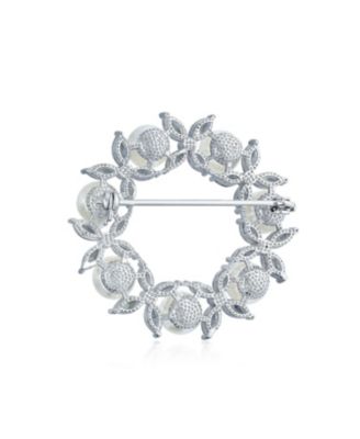 Elegant Holiday Marquise CZ Cubic Zirconia Round 8MM White Simulated Pearl Wreath Circle Scarf Brooch Pin