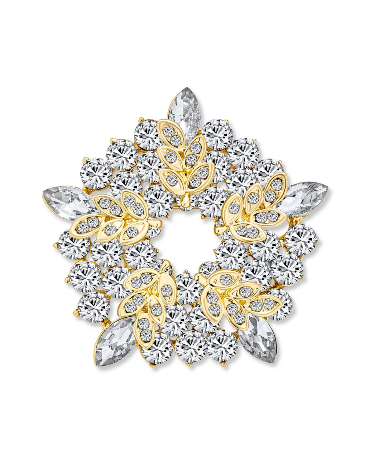 Large Two Tone Golden Crystal Fashion Holiday Circle Wreath Scarf Brooch Pin Gold Silver Plated - Gold tone