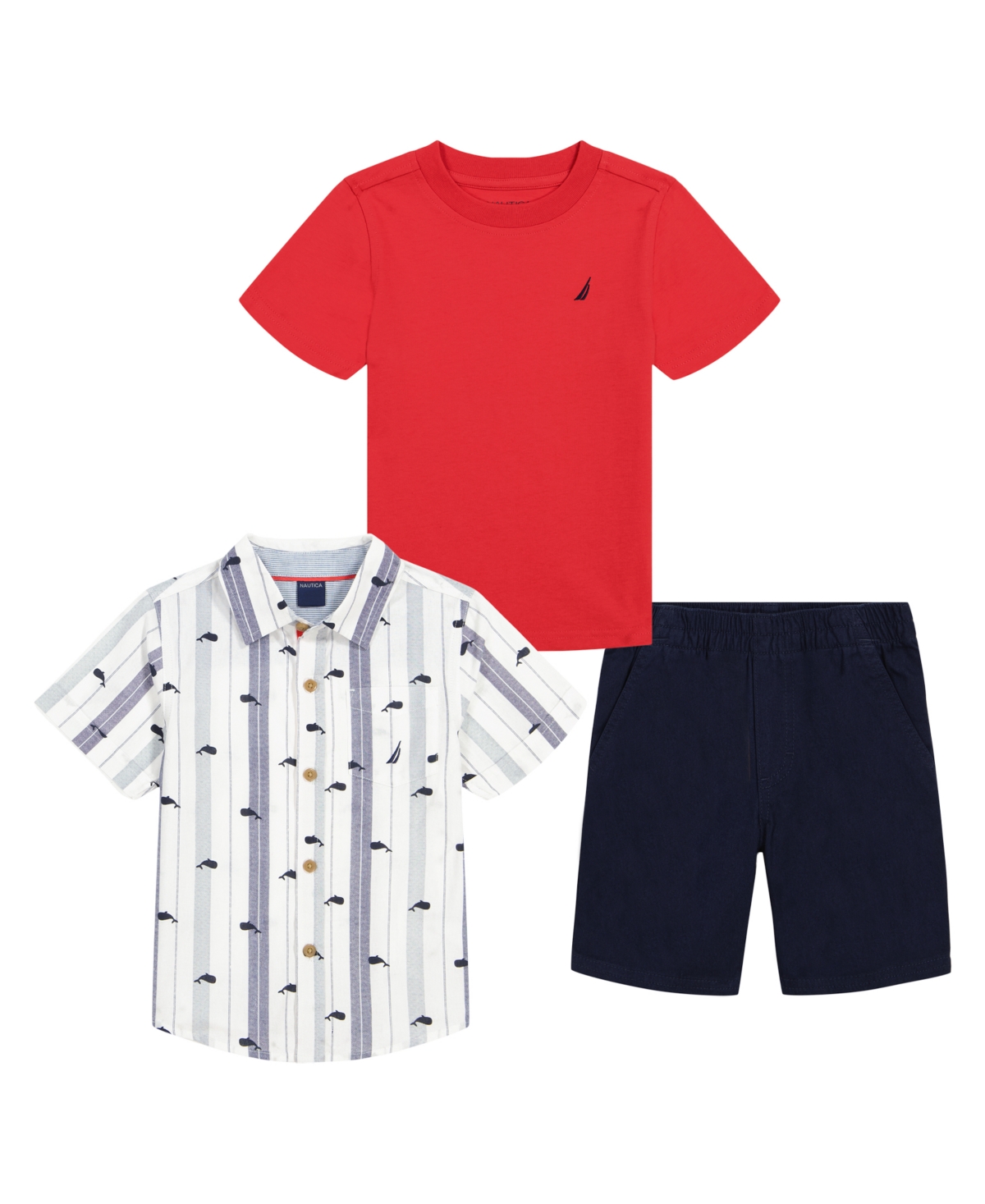 Nautica Baby Boys Short Sleeve T-shirt, Print-stripe Shirt And Twill Shorts, 3-pc Set In Red,navy