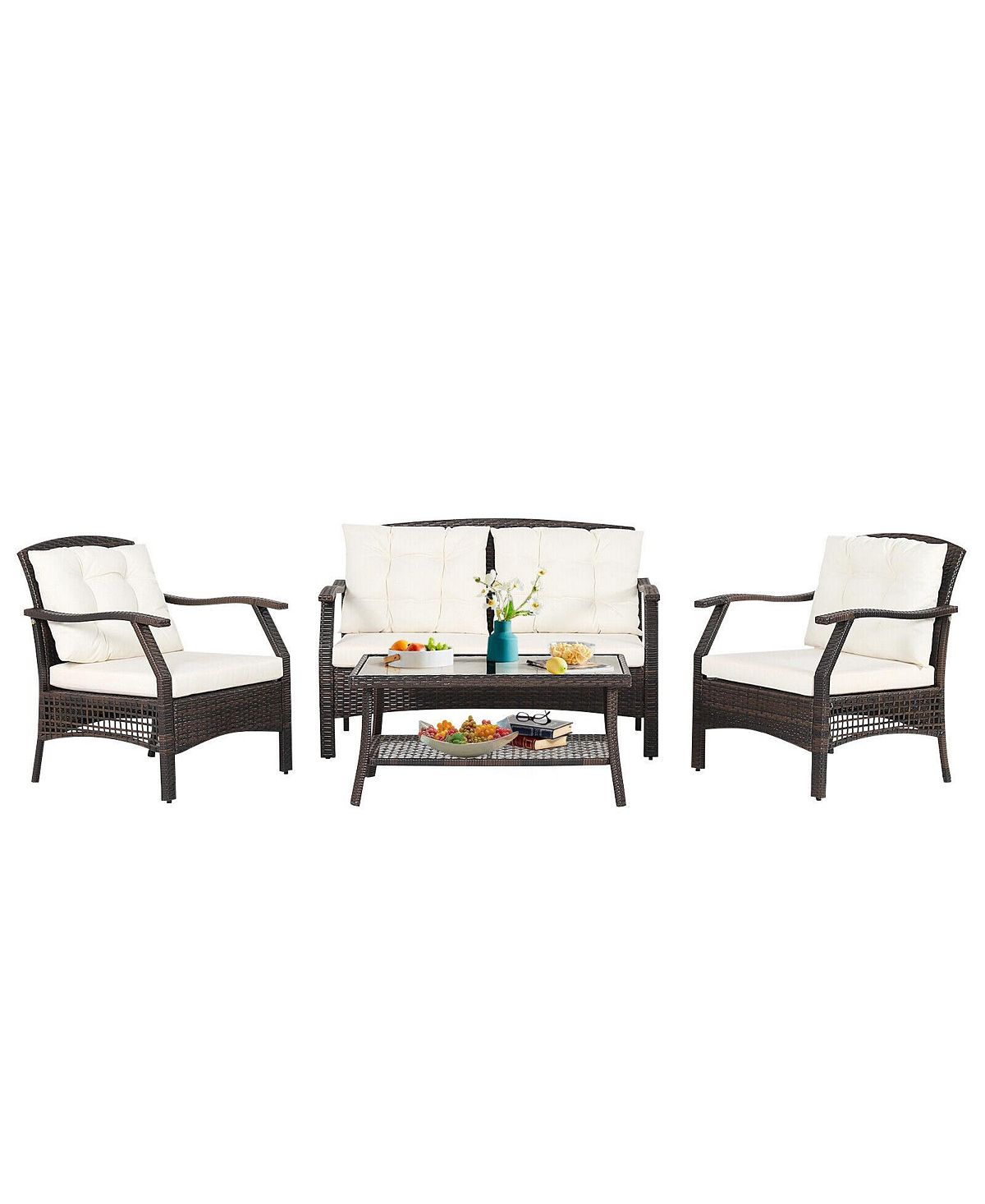 Sugift 4 Pieces Outdoor Rattan Conversation Set with Protective Cover 