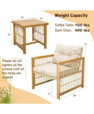 3 Pieces Patio PE Wicker Conversation Set with Acacia Wood Frame and Cushions