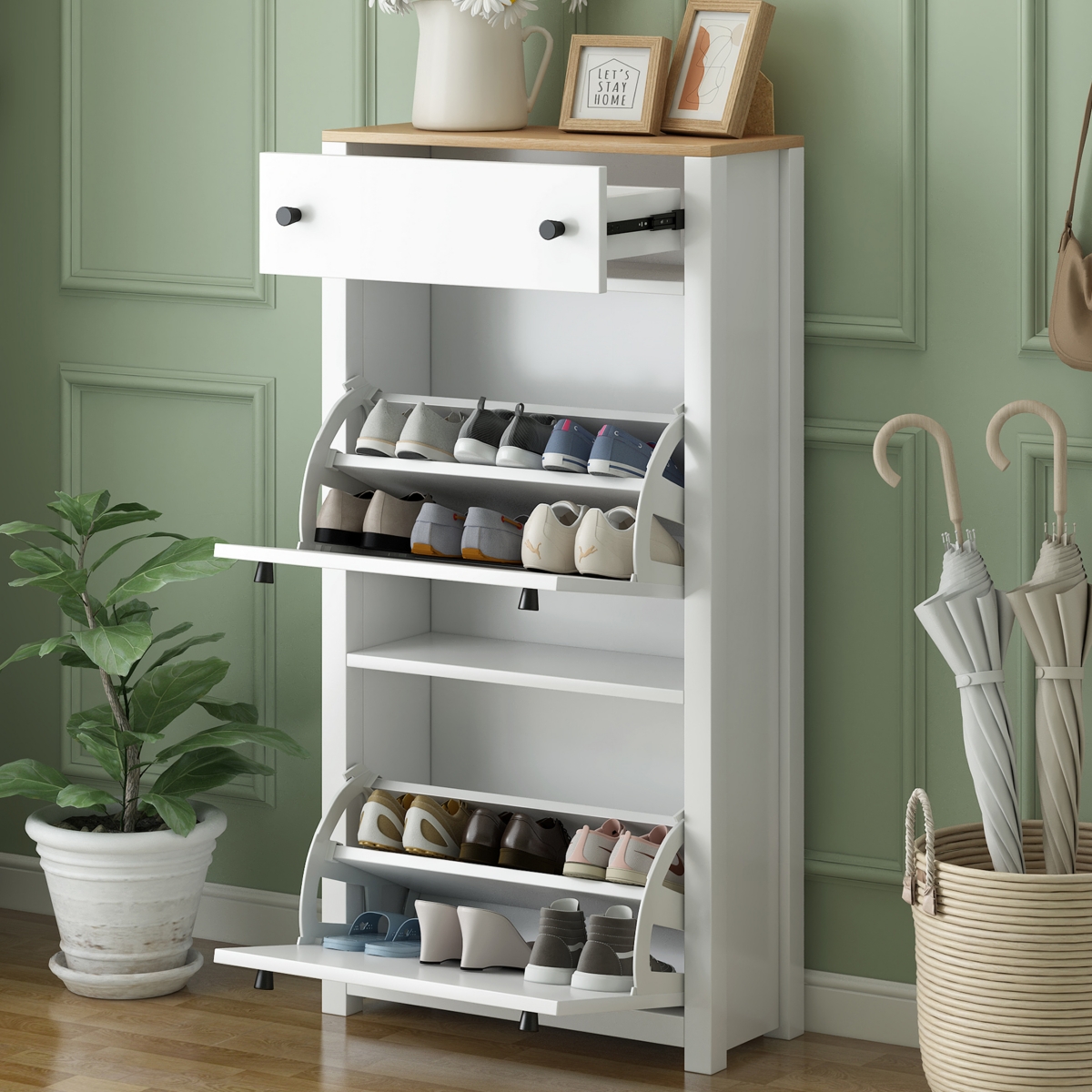 Entryway Organizer with Shoe Cabinet & Rack - White