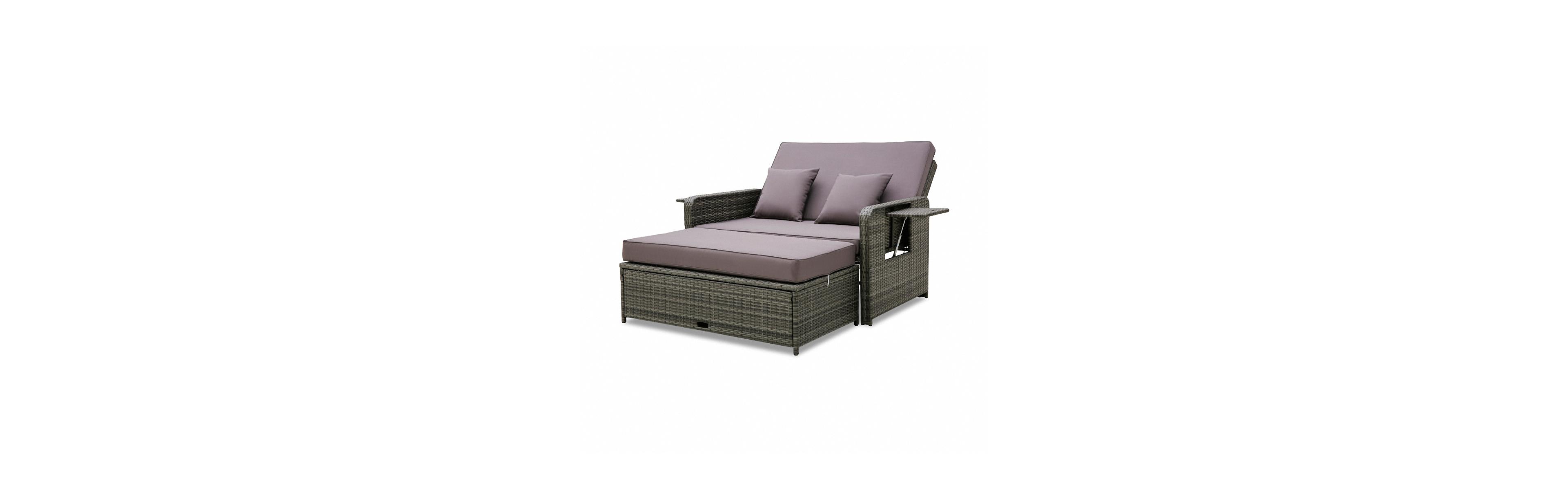 Wicker Loveseat Sofa with Multipurpose Ottoman and Retractable Side Tray