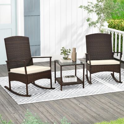 3 Piece Patio Rocking Set Wicker Rocking Chairs with 2-Tier Coffee Table