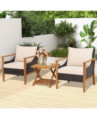 3 Pieces Patio Wicker Furniture Set with 2-Tier Side Table and Cushioned Armchairs