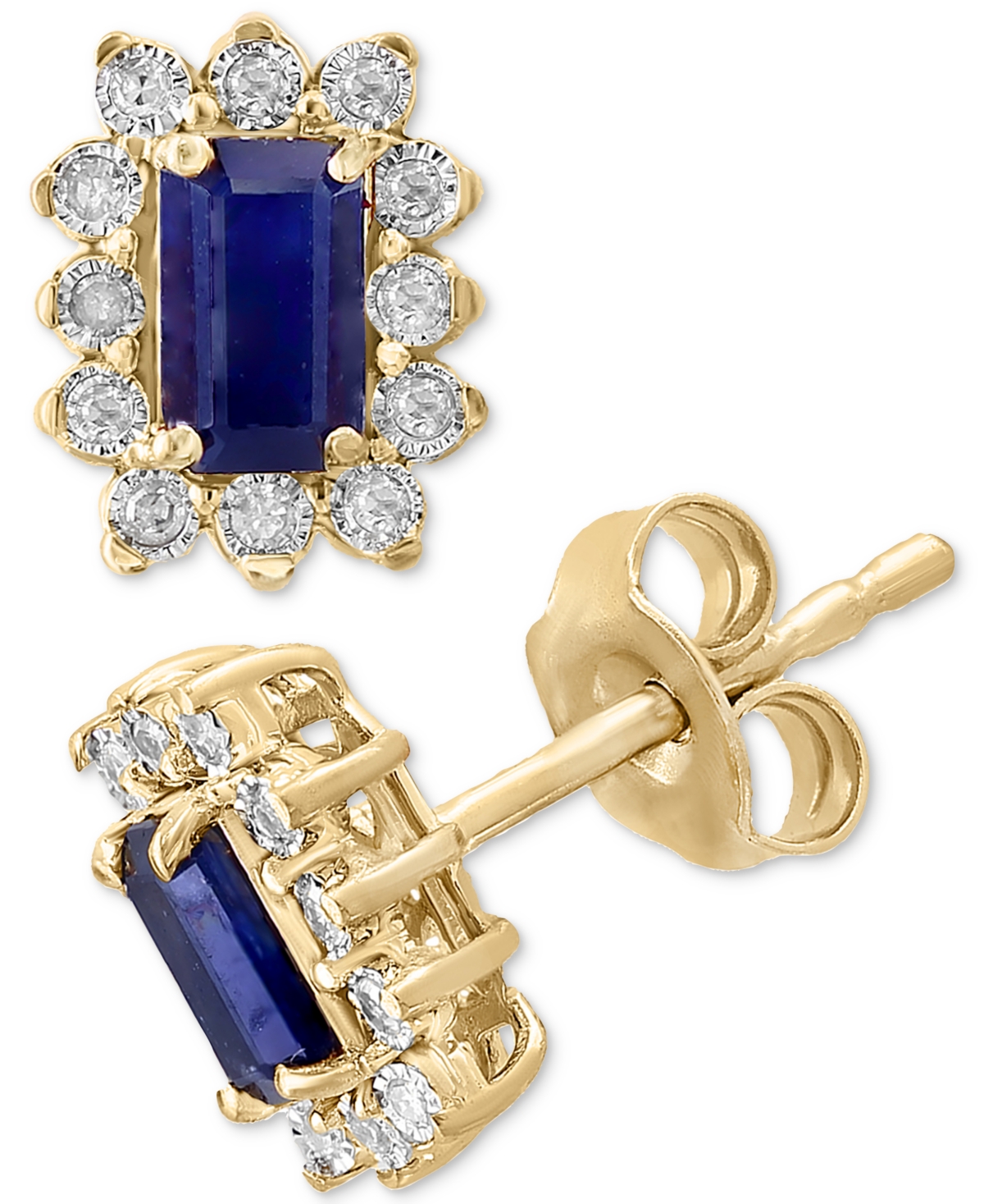 Shop Effy Collection Effy Sapphire (3/4 Ct. T.w.) & Diamond (1/10 Ct. T.w.) Halo Stud Earrings In Gold-plated Sterling Si In Yellow Gol