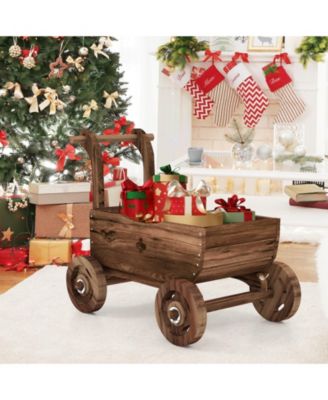 Decorative Wooden Wagon Cart with Handle Wheels and Drainage Hole