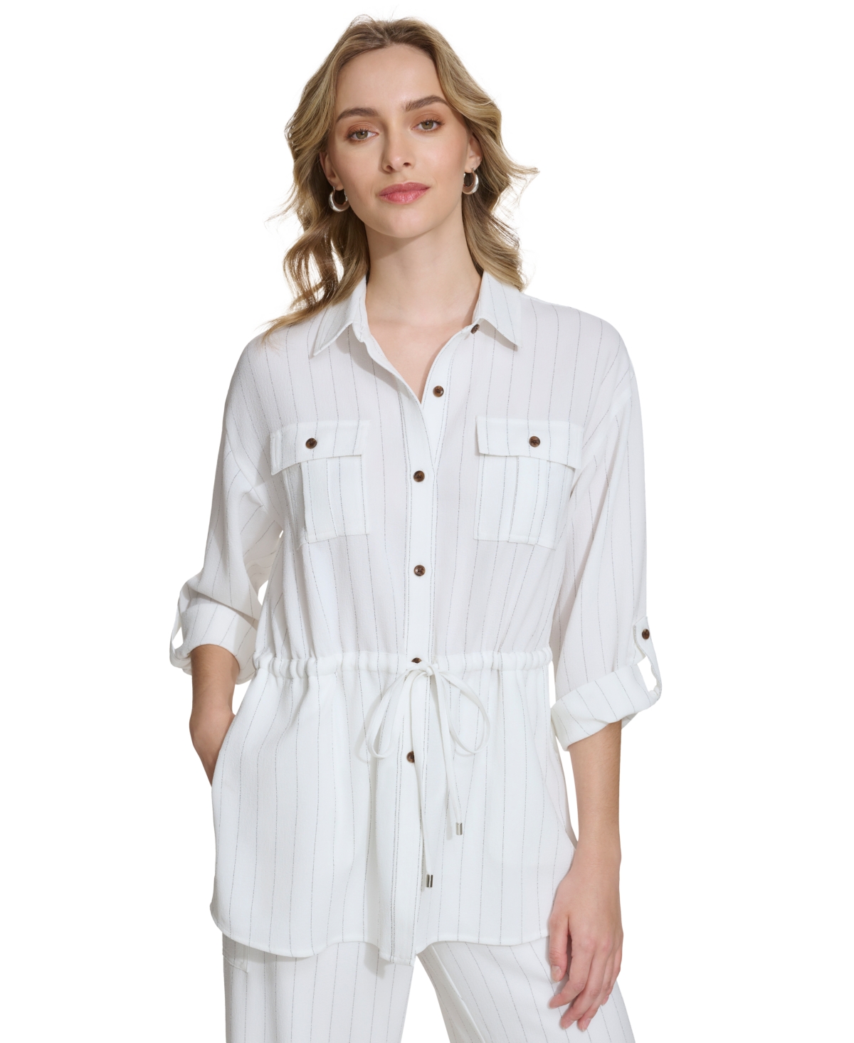 Shop Calvin Klein Women's Striped Drawstring-waist Tunic In Soft White,black