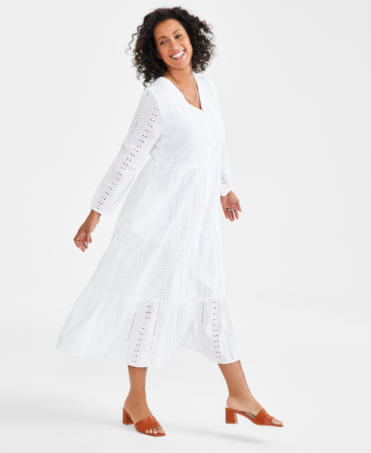 Style & Co Women's Cotton Eyelet Tiered Midi Dress, Created for Macy's