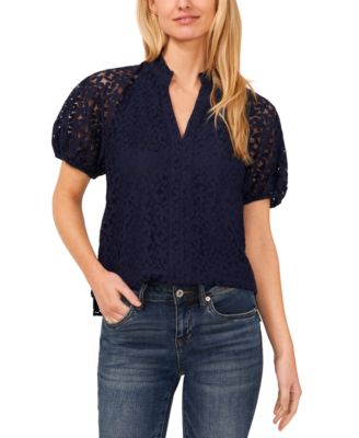 CeCe - Women's Floral Lace Puff Sleeve Split-Neck Top