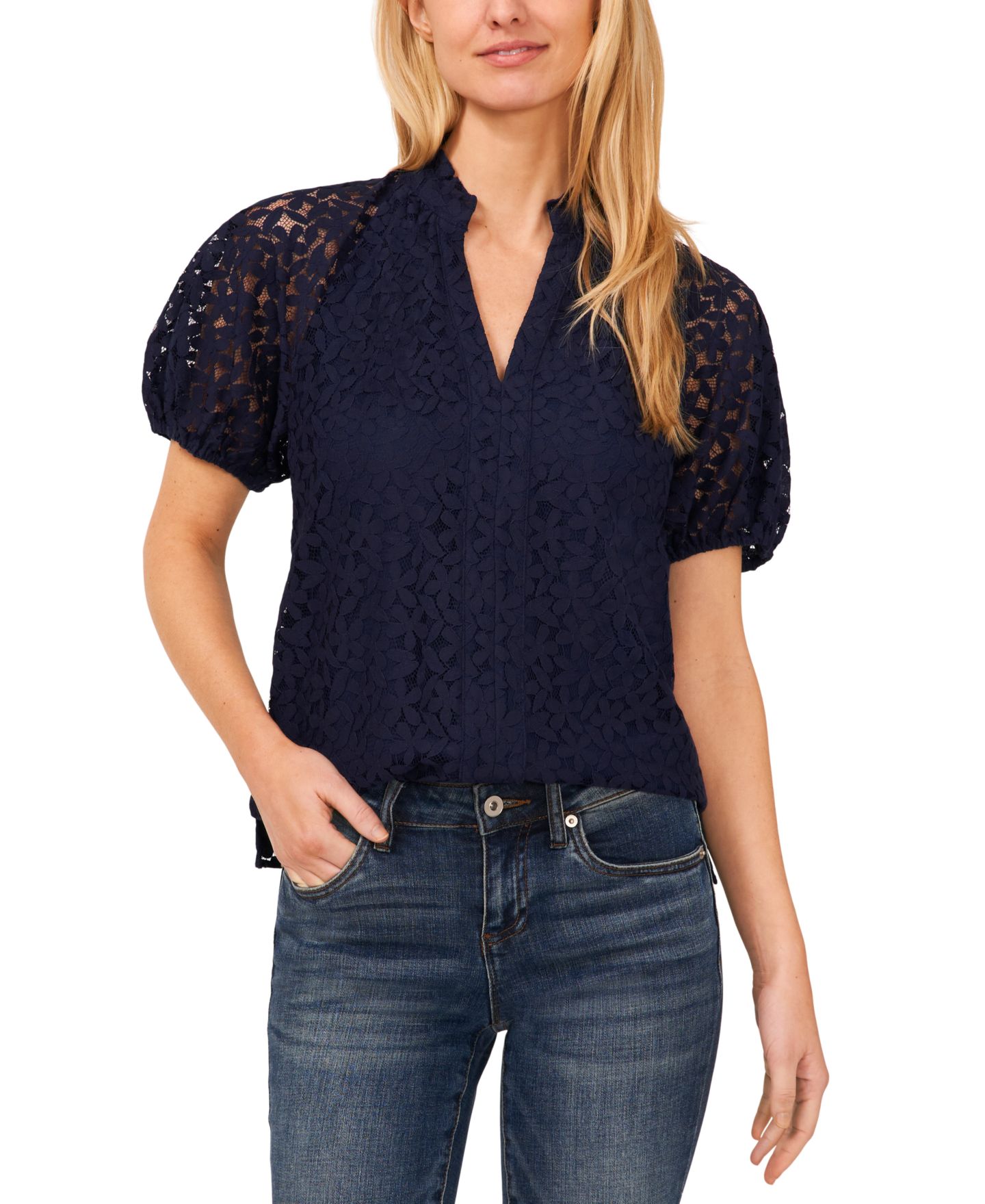 Женский топ CeCe Floral Lace Puff Sleeve Split Neck Top, цвет: Тёмно-синий — фото 1