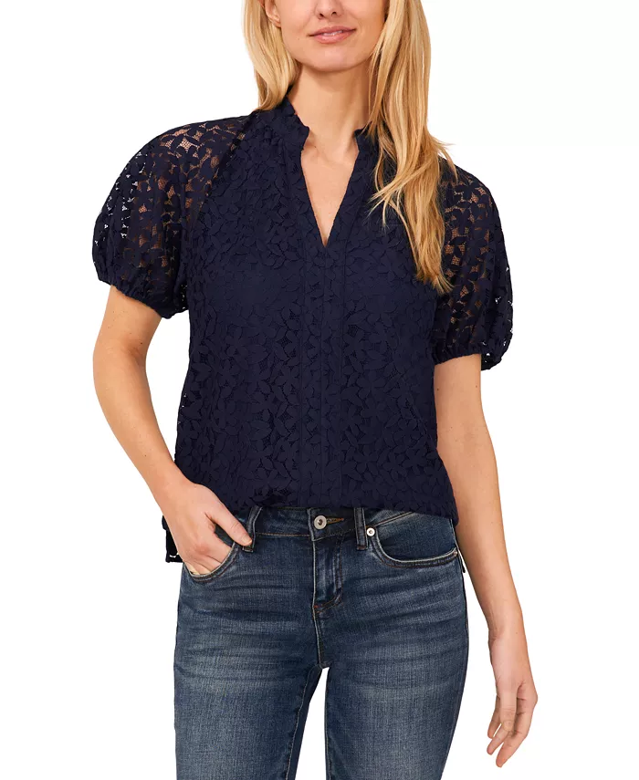 Women's Floral Lace Puff Sleeve Split Neck Top - thumbnail 7