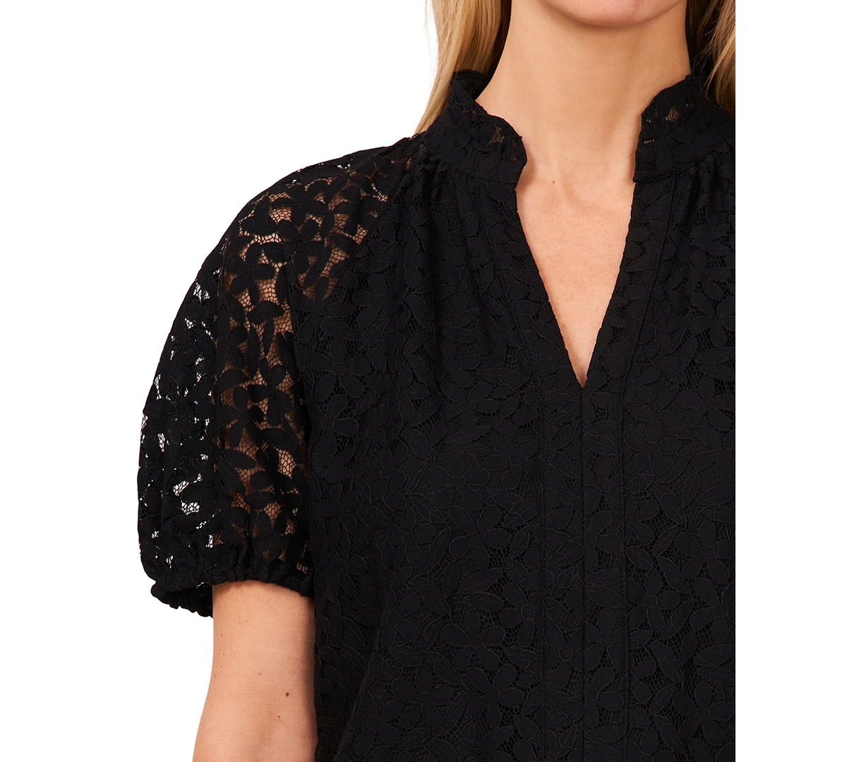 CeCe Women's Floral Lace Puff Sleeve Split Neck Top