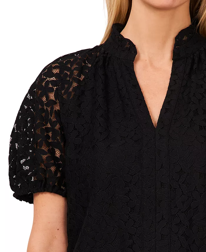 Women's Floral Lace Puff Sleeve Split Neck Top - thumbnail 6