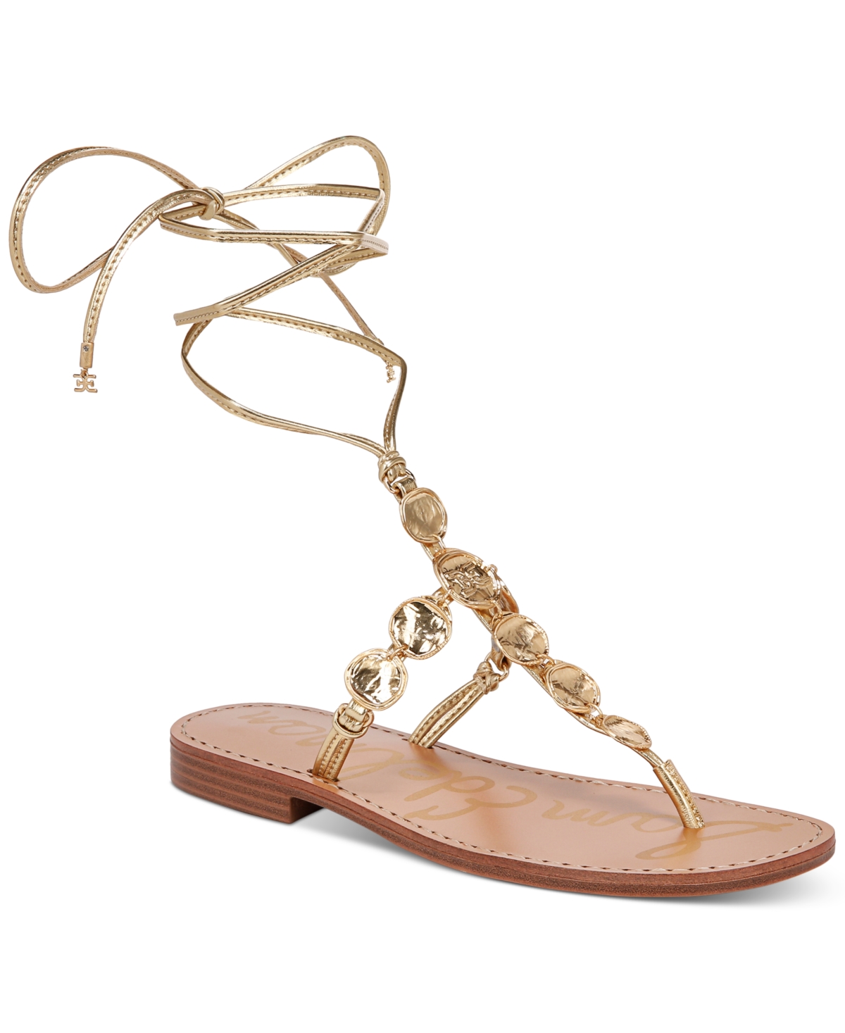 Shop Sam Edelman Deidre Coin Embellished Tie-up Thong Sandals In Goldmine Metallic