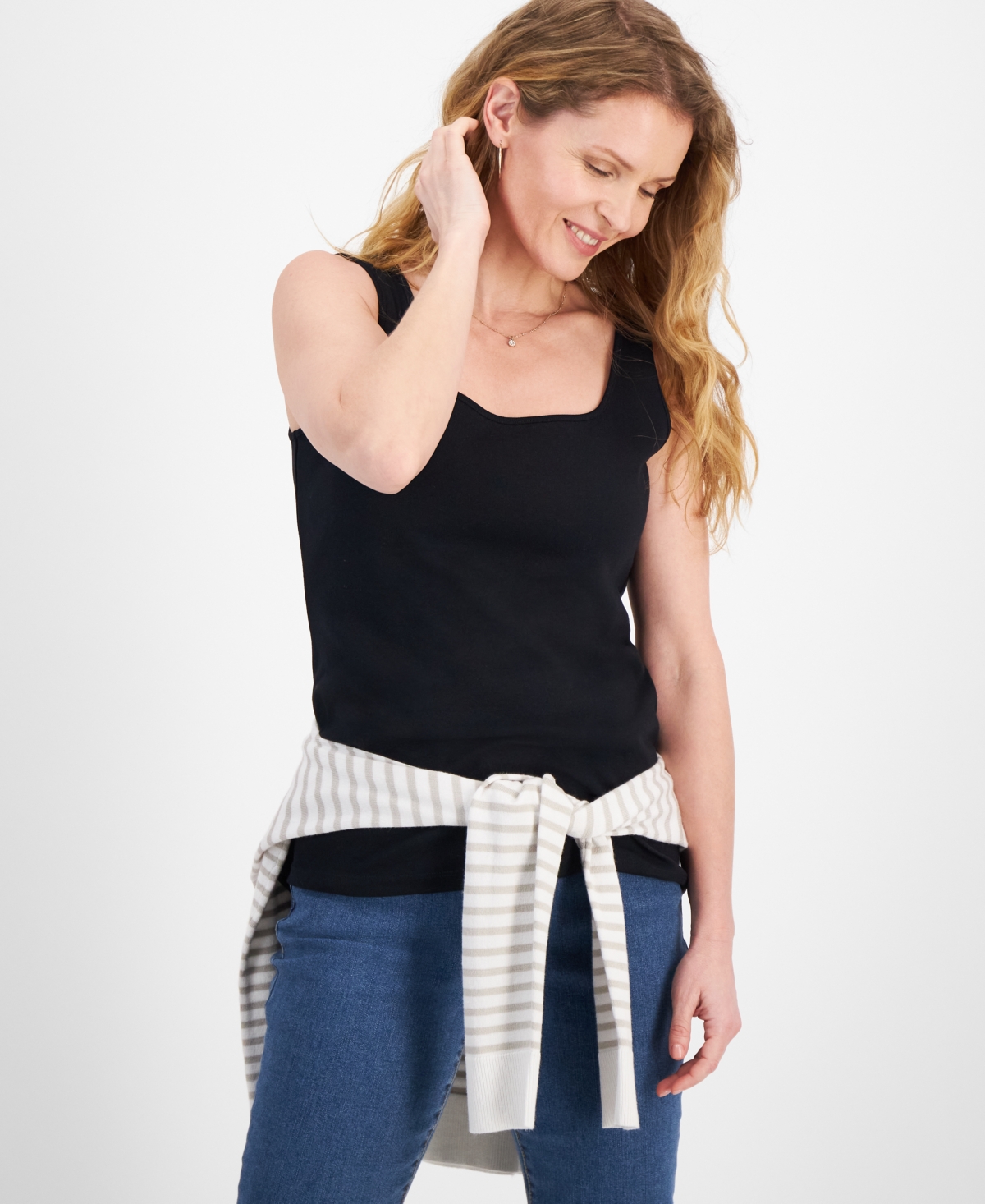 Style & Co Women's Cotton Square-neck Tank Top, Created For Macy's In Deep Black