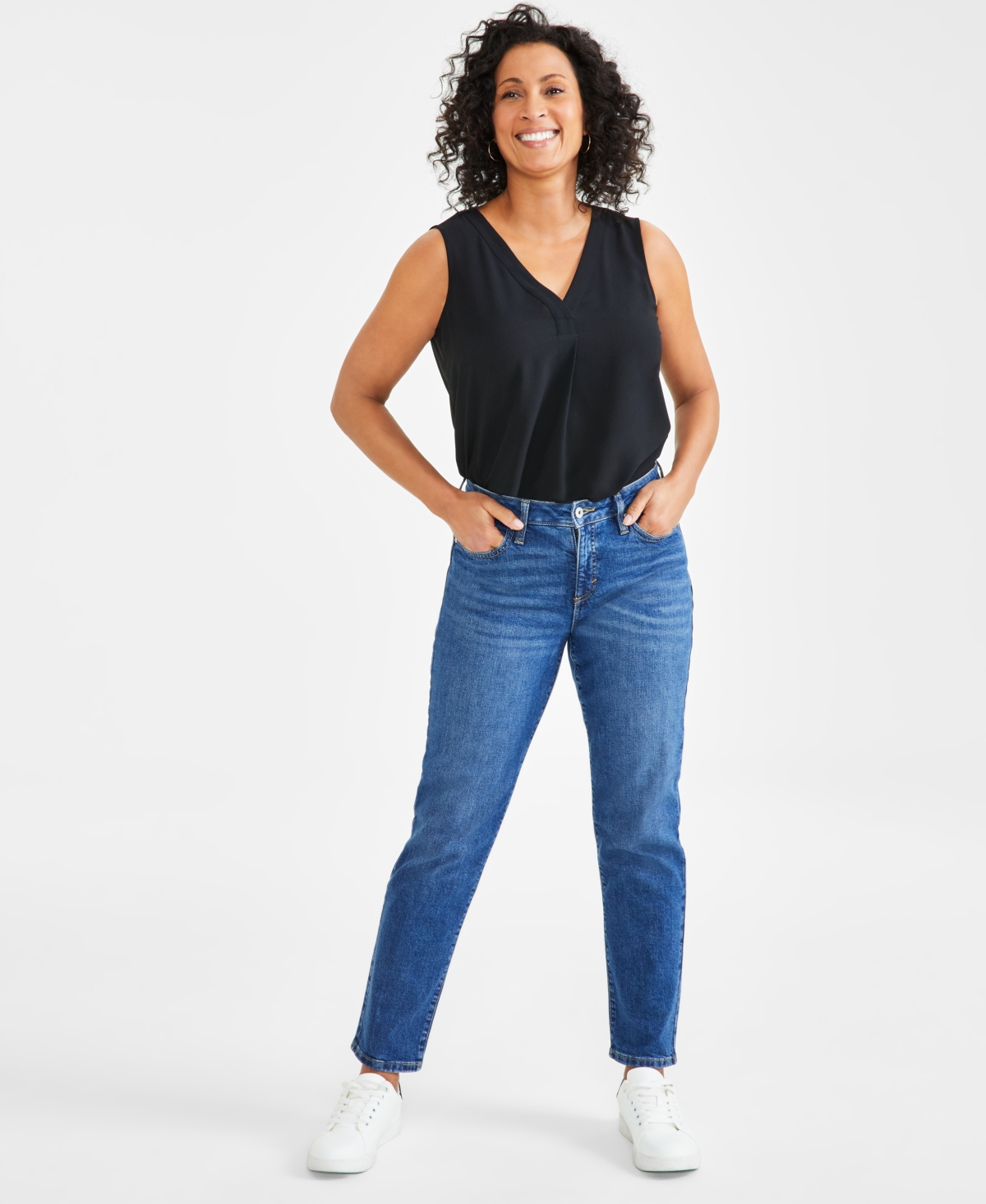 STYLE & CO PETITE MID-RISE CUFFED GIRLFRIEND JEANS, CREATED FOR MACY'S