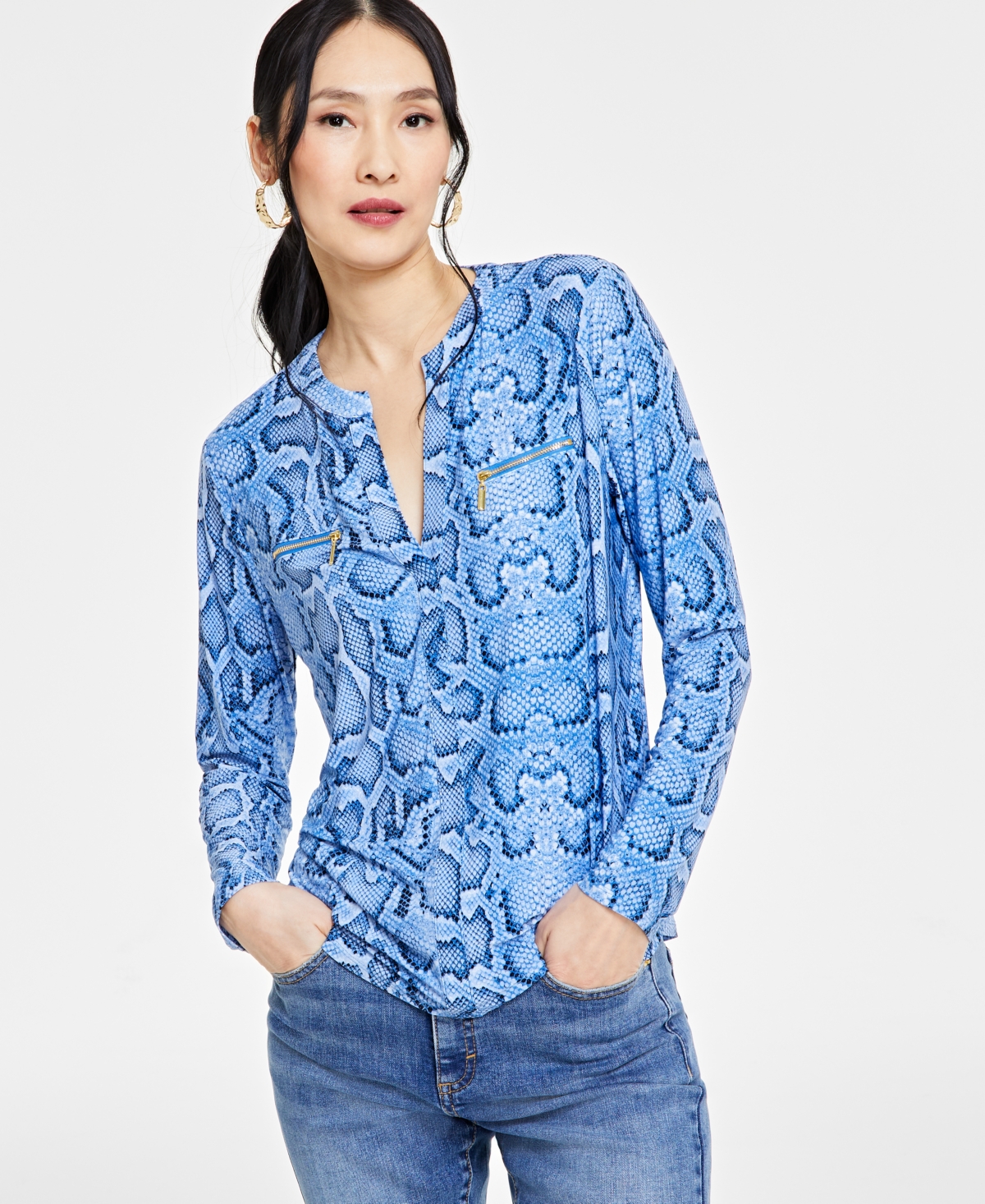 Inc International Concepts Petite Animal-print Zip-pocket Top, Created For Macy's In Sophie Snake