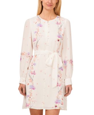 CeCe Women's Floral Print Button Front Tie Waist Sheath Dress - Macy's