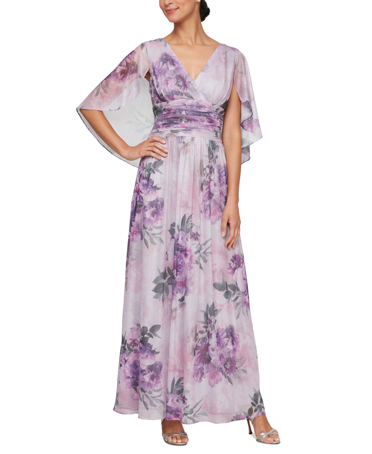 Sl Fashions Petite V-neck Florla-print A-line Gown In Blush Multi