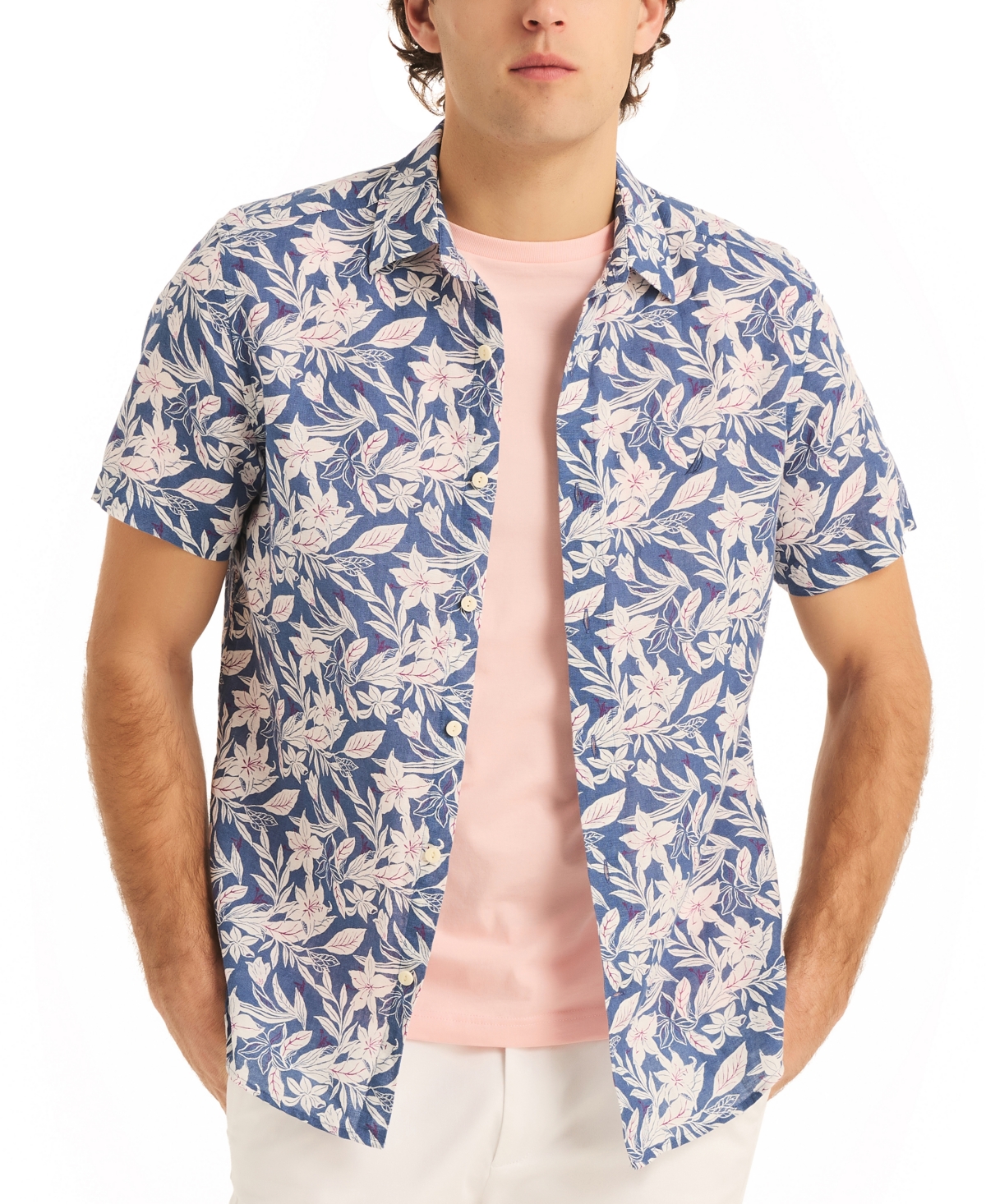 Nautica Classic-fit Linen-blend Tropical-print Short-sleeve Shirt In Union Blue