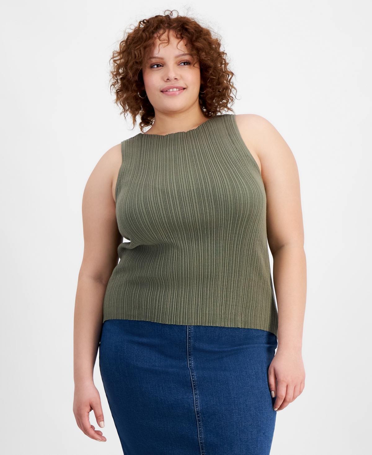 Shop And Now This Trendy Plus Size Ribbed Boat-neck Sweater Tank In Crushed Oregano