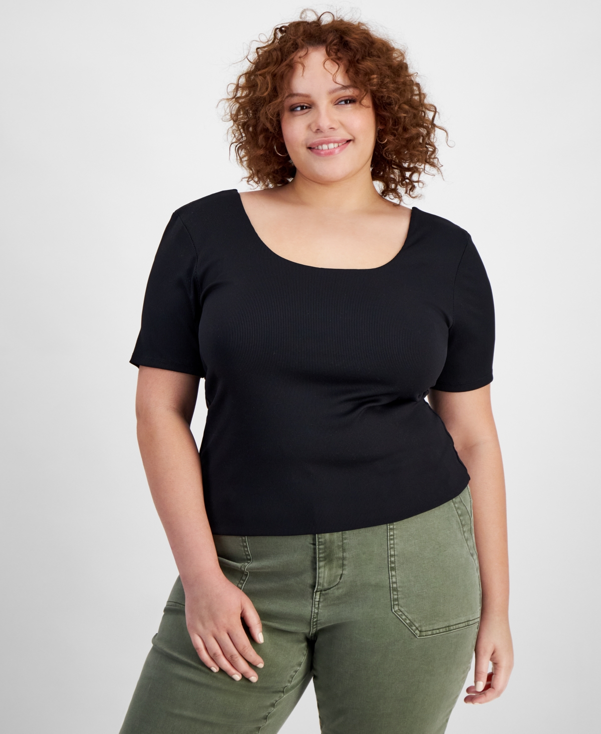 Shop And Now This Trendy Plus Size Second Skin Scoop-neck Top In Black