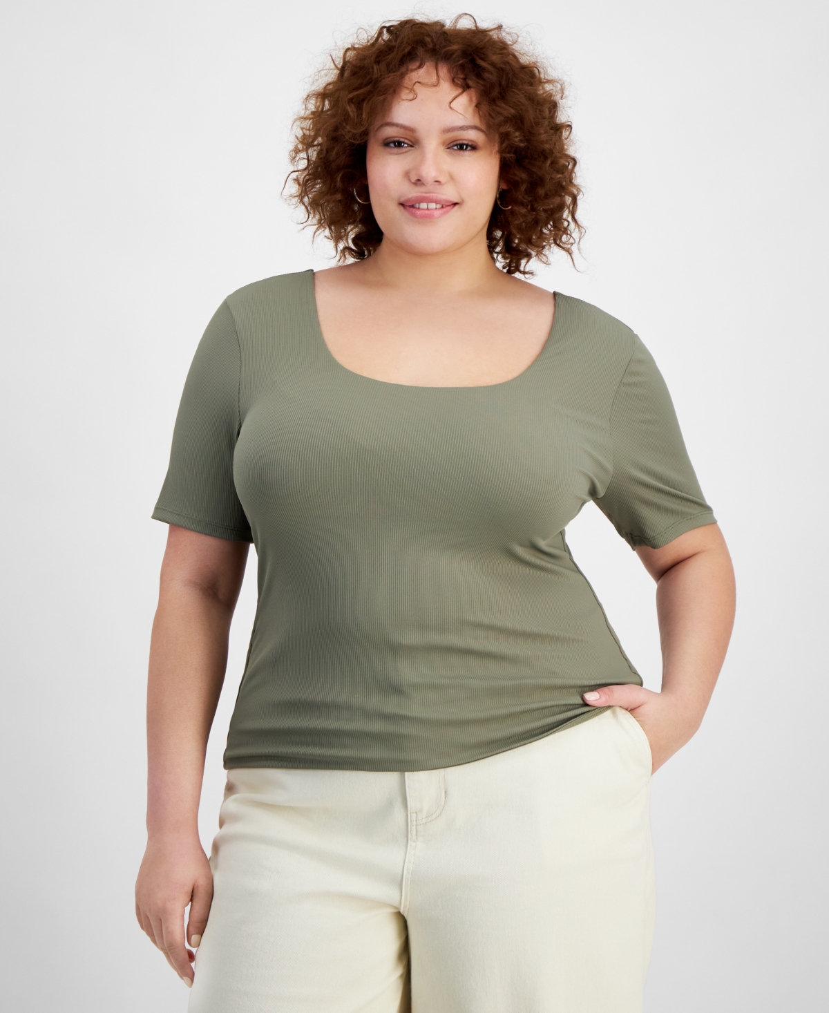 Shop And Now This Trendy Plus Size Second Skin Scoop-neck Top In Crushed Oregano