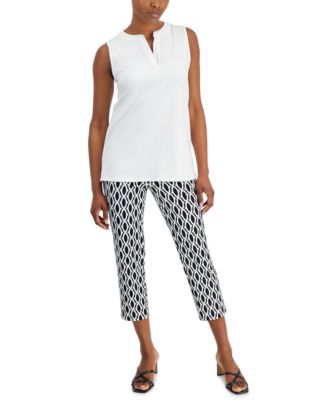 Anne Klein Petite Sleeveless Top Printed Cropped Pants In Bright White