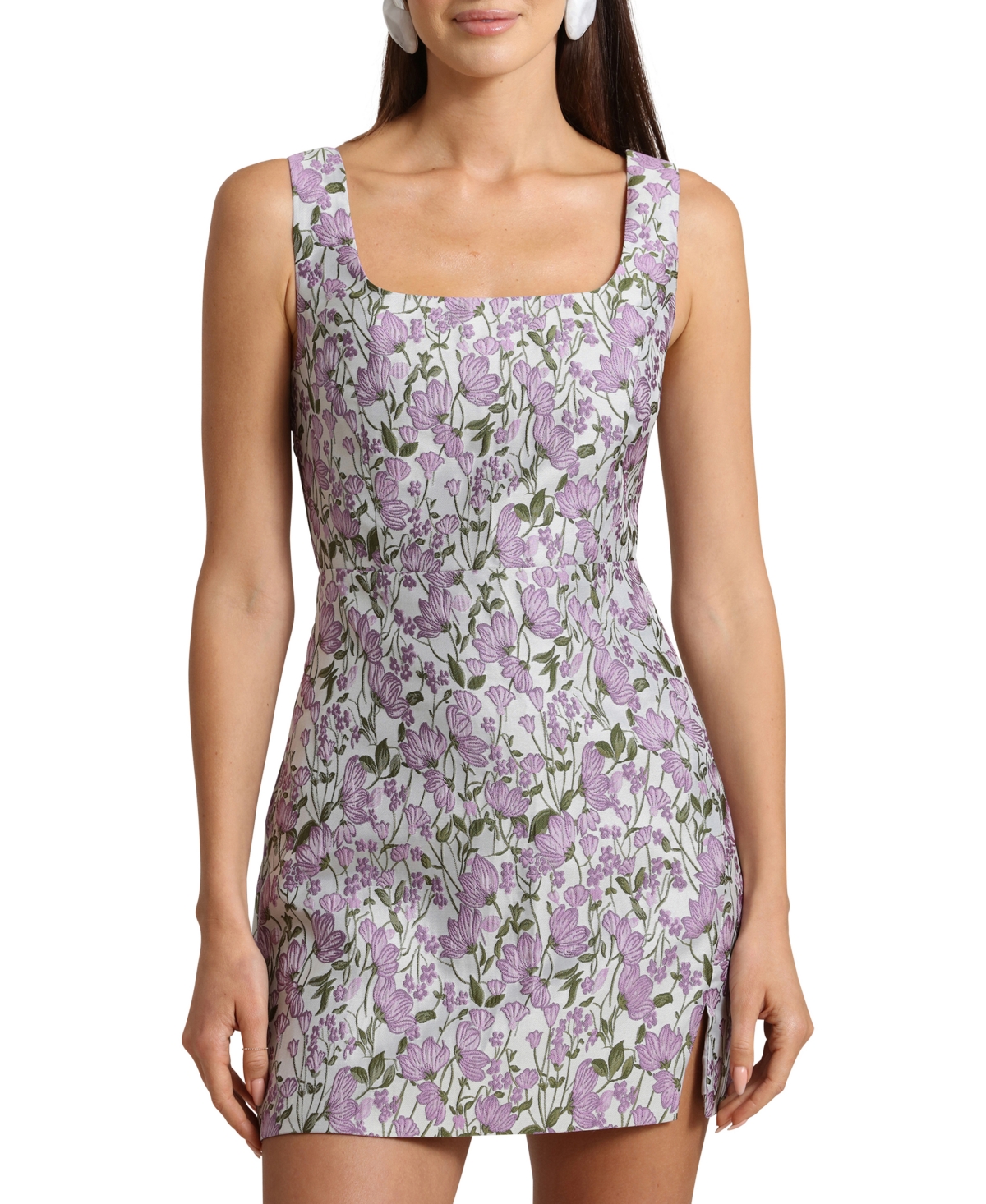 Shop Avec Les Filles Women's Brocade Square-neck Mini Dress In Ivory,lilac Floral
