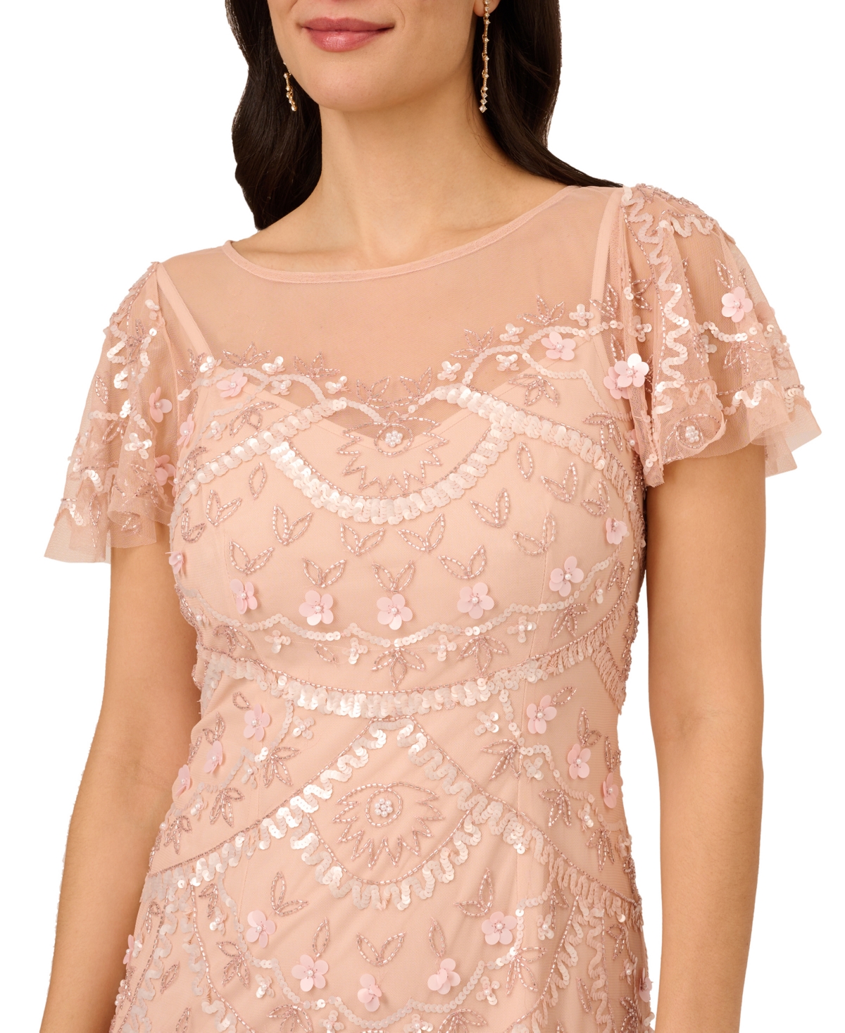 Shop Adrianna Papell Women's Bead Flutter-sleeve Sequin Gown In Blush