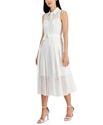 Anne Klein - Women's Eyelet-Embroidered Belted Pleated Dress