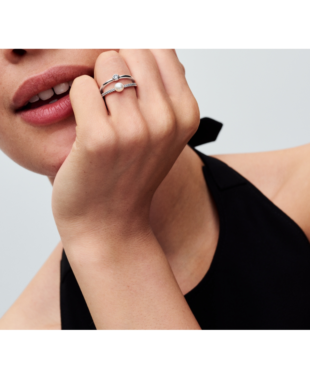 Pandora Sterling Silver Timeless Treated Freshwater Cultured Pearl Pave Double Band Ring In Silver