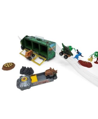 Dino Transport Truck Play set: 14" Long with Light & Music, 3 Cars, 27 Mini Dinosaurs, Props, Car Launcher, and Ramp