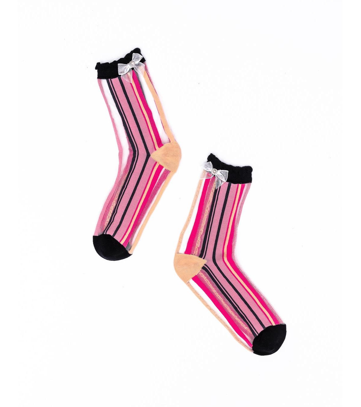 Sock Candy Women's Parisian Stripe Ruffle Bow Sheer Sock In Stripes