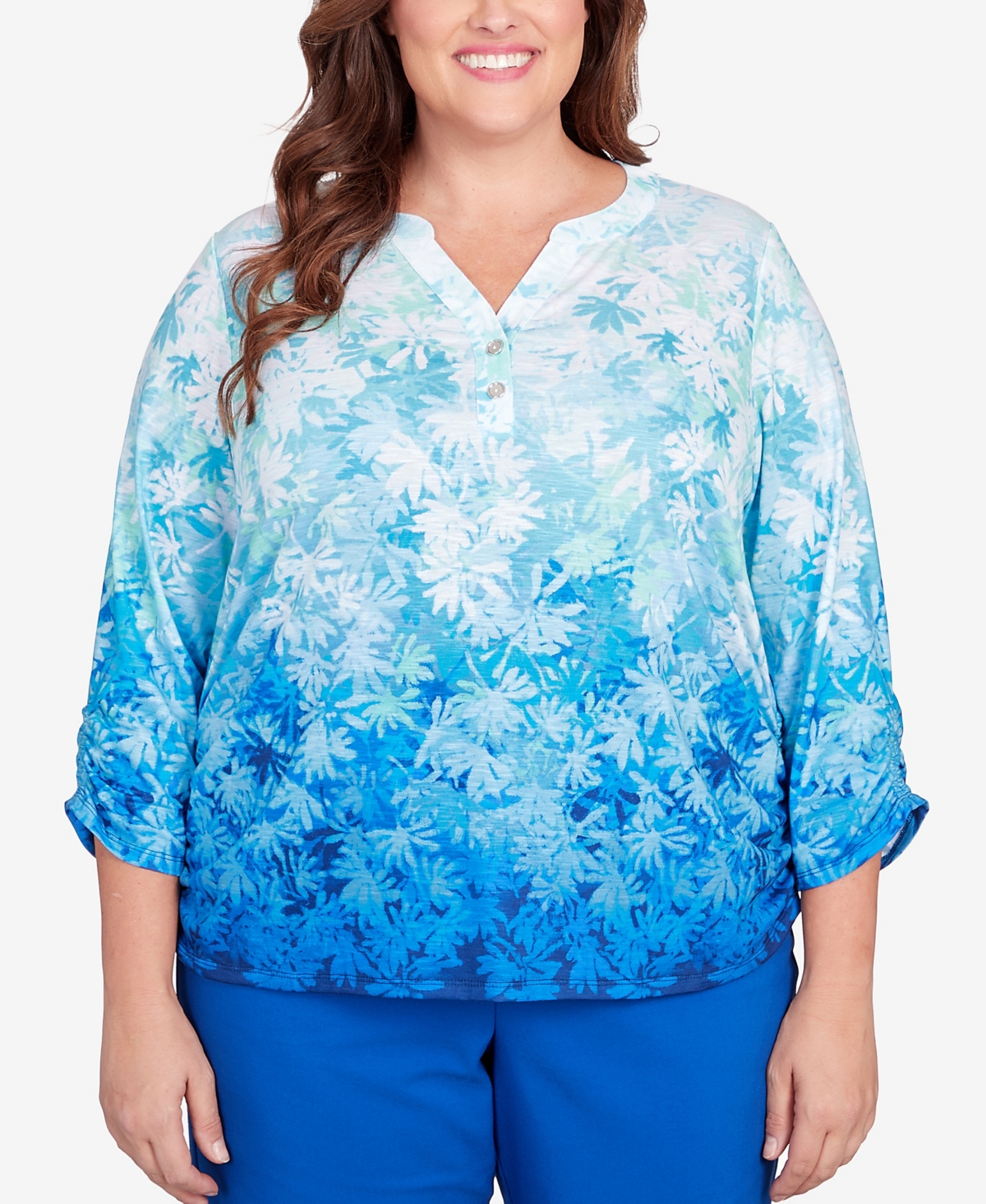 Shop Alfred Dunner Plus Size Tradewinds Ombre Leaves Buttoned Split Neck Top In Multi