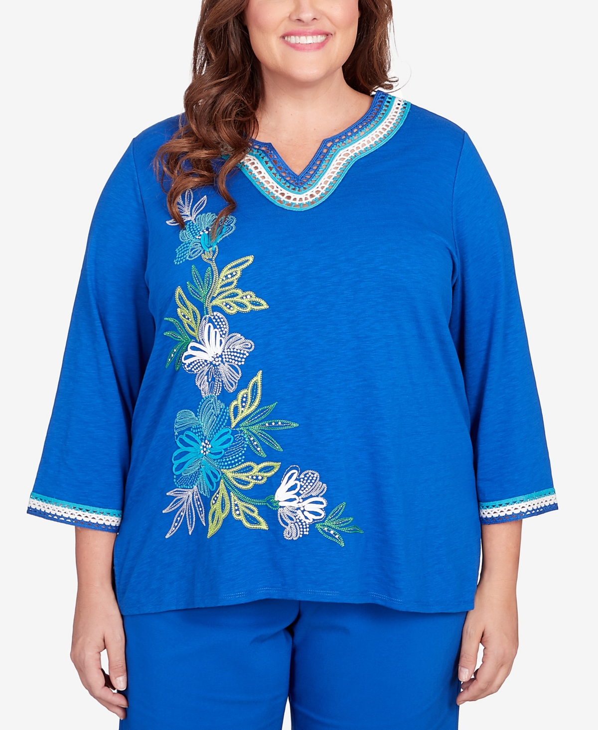 Shop Alfred Dunner Plus Size Tradewinds Asymmetric Flower Crochet Trim Top In Cobalt Blue