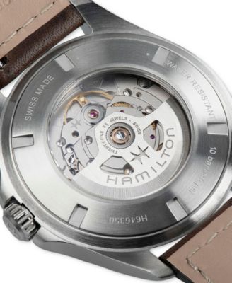 Men's Swiss Automatic Khaki Aviation Day Date Brown Leather Strap Watch 42mm