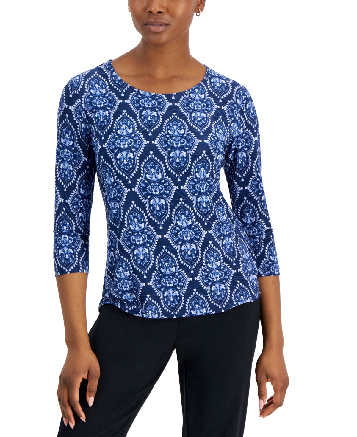 Jm Collection Petite Misty Medallion Jacquard Top, Created For Macy's In Intrepid Blue Combo