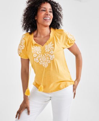 Style & Co - Petite Vacay Embroidered Tassel-Tie Top