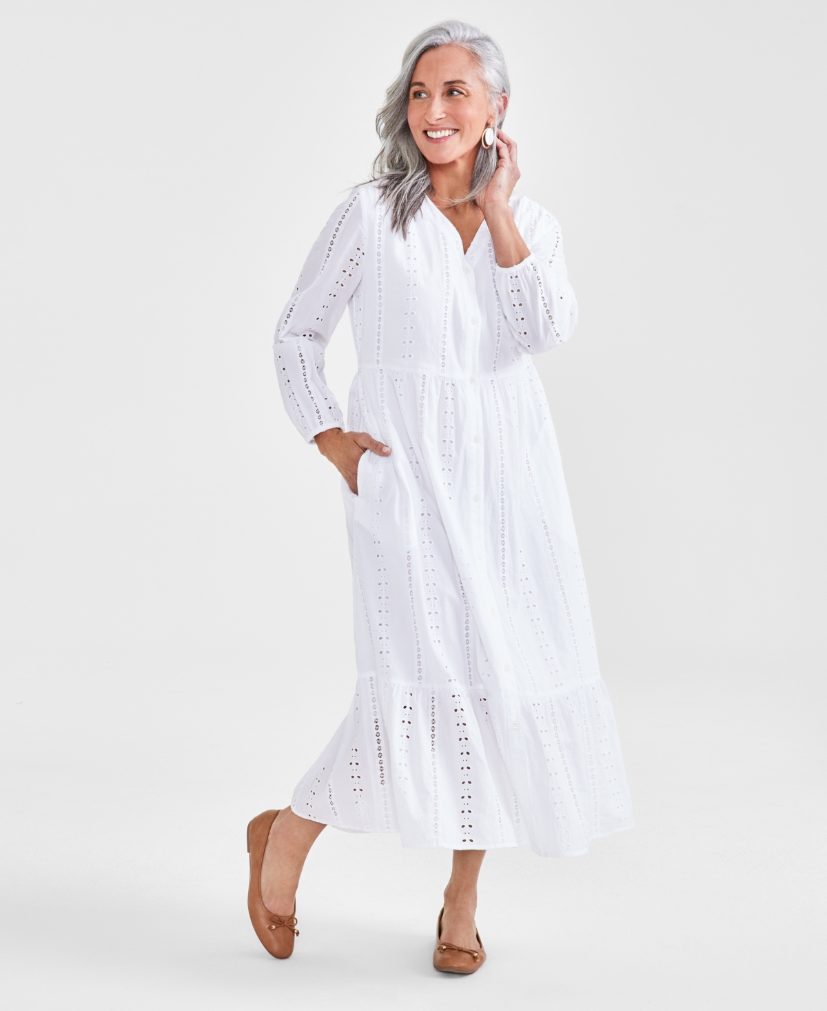 Shop Style & Co Petite Cotton Tiered Eyelet Midi Dress, Created For Macy's In Bright White