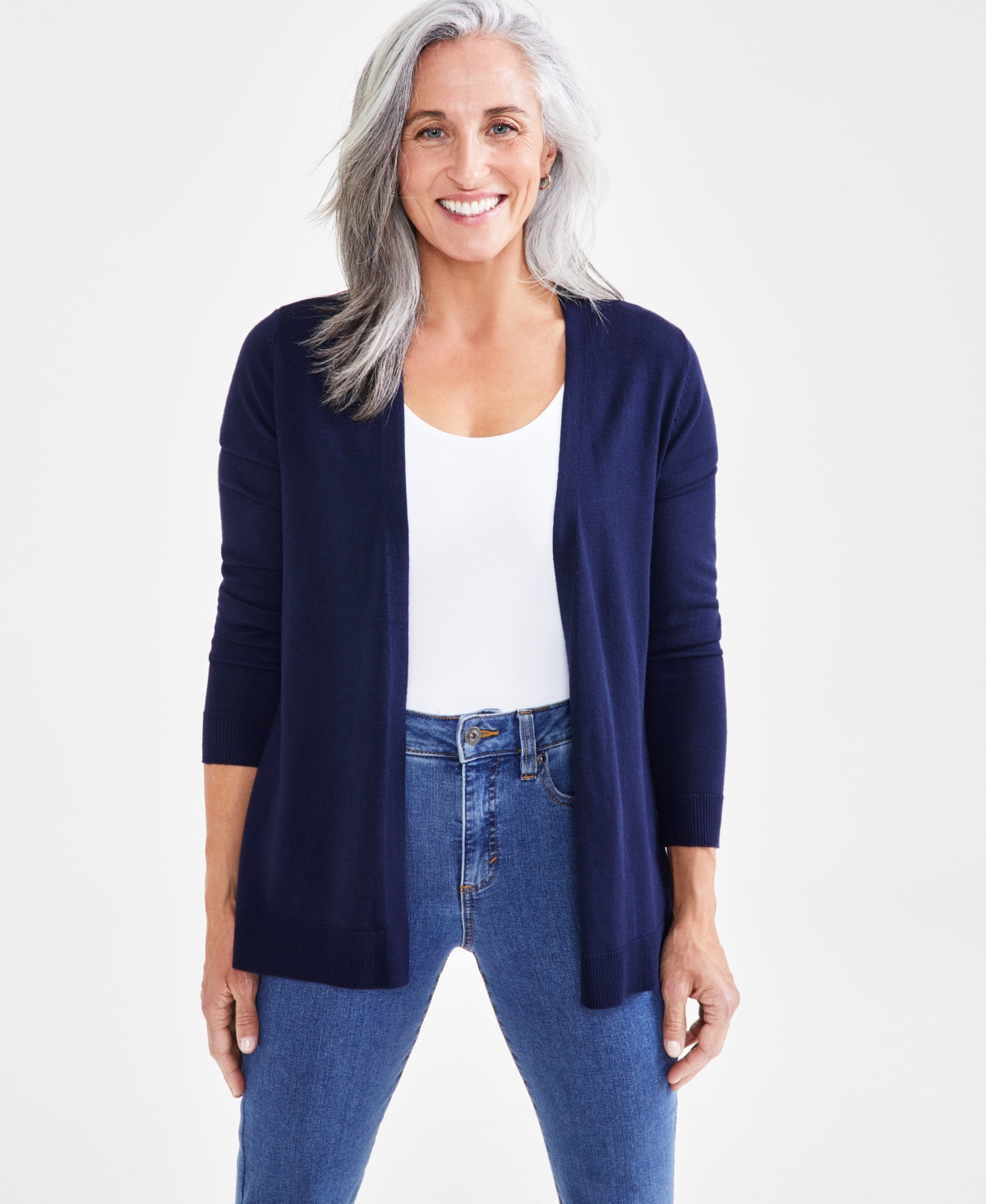 Style & Co Petite Open-stitch Long-sleeve Cardigan, Created For Macy's In Industrial Blue