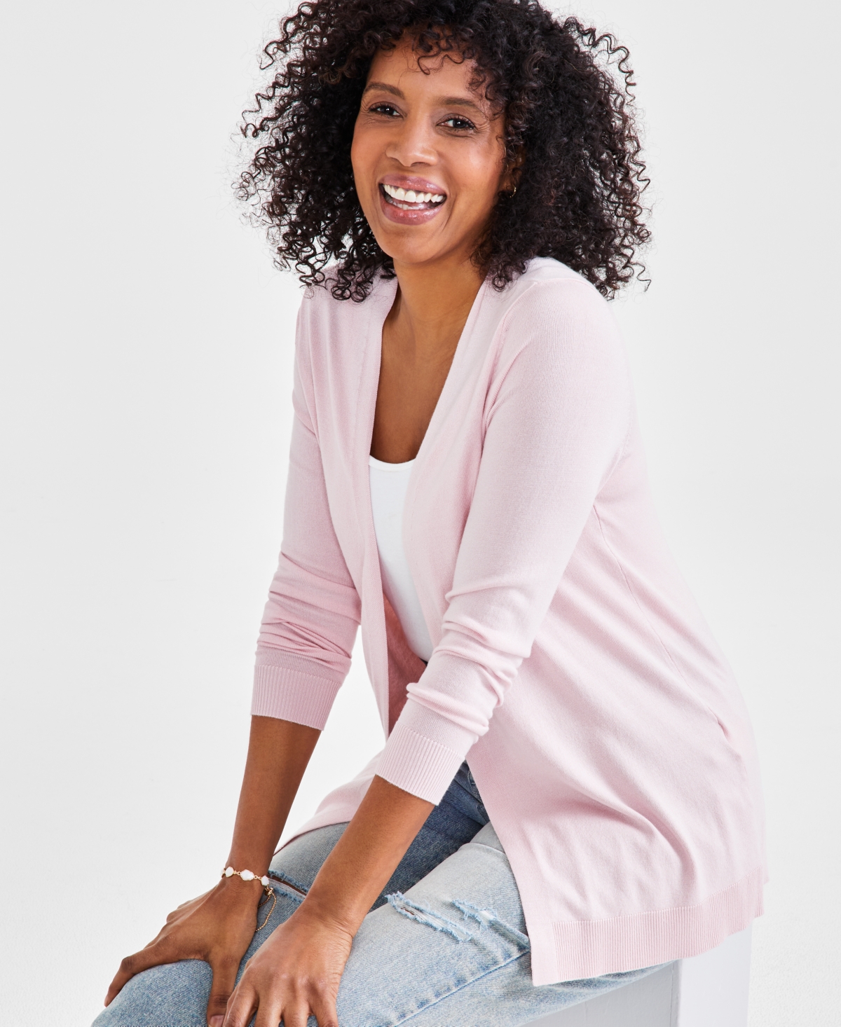 Style & Co Petite Open-stitch Long-sleeve Cardigan, Created For Macy's In Lotus Pink