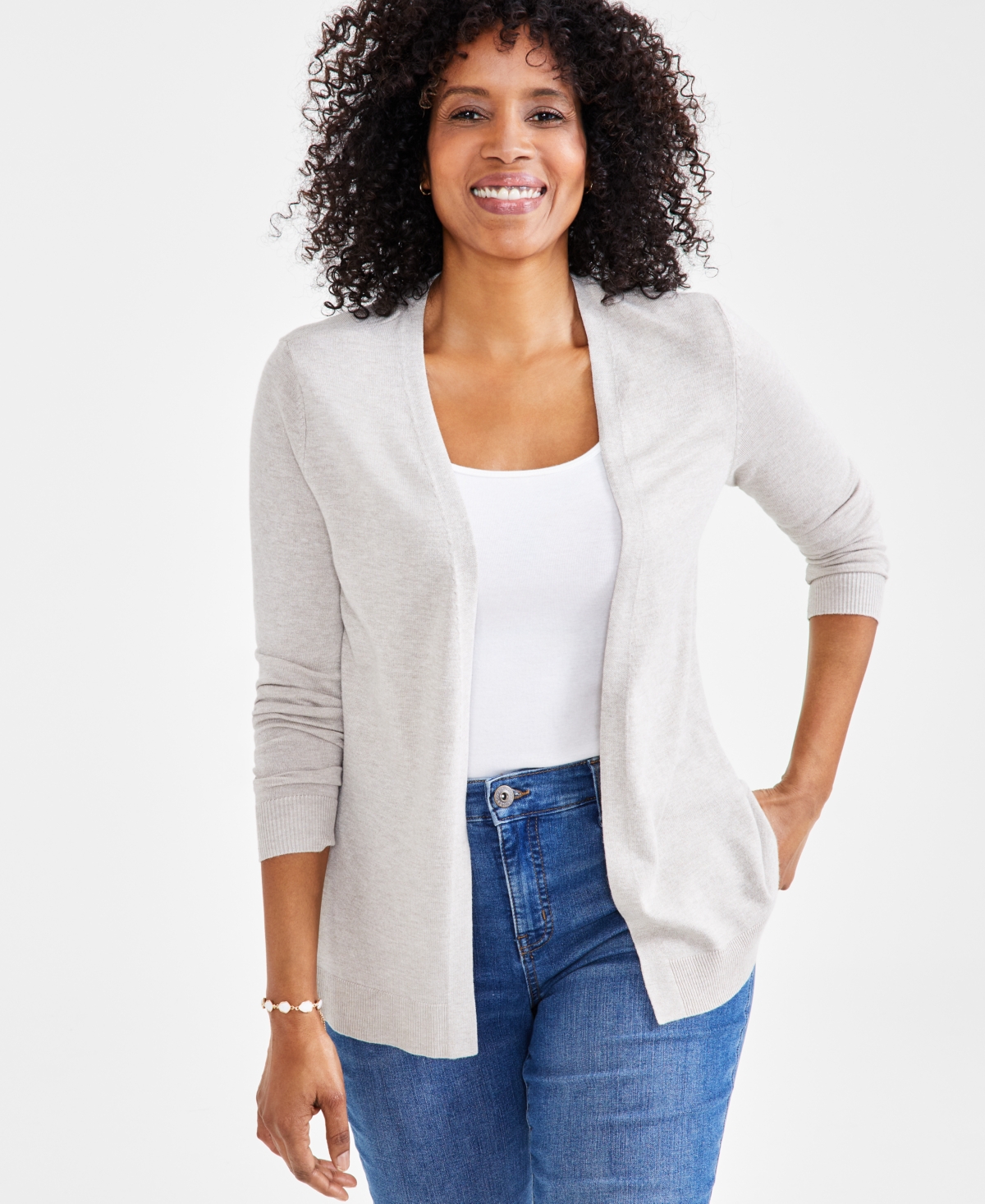 Style & Co Petite Open-stitch Long-sleeve Cardigan, Created For Macy's In Hammock Heather