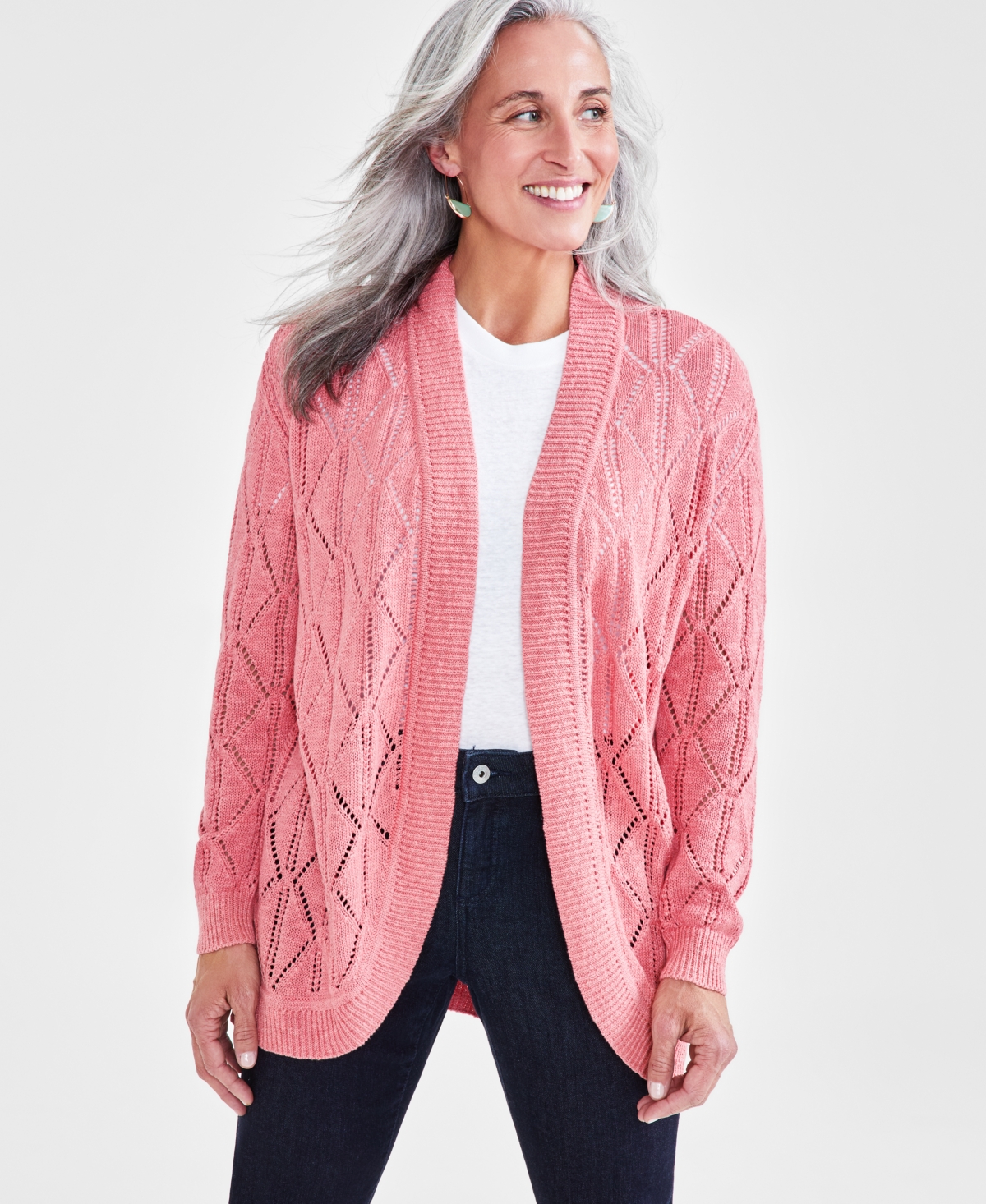 Petite Open-Stitch Long-Sleeve Cardigan, Created for Macy's - Sea Coral